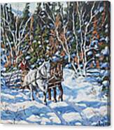 Horses Hauling Wood In Winter By Prankearts Canvas Print