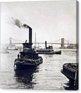 Busy New York Harbor - Brooklyn Bridge And Williamsburg Brige - C 1905 Canvas Print