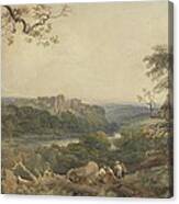 Castle Above A River - Woodcutters In The Foreground Canvas Print