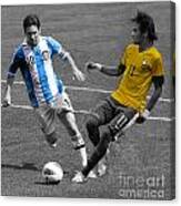Neymar And Lionel Messi Clash Of The Titans Black And White Canvas Print