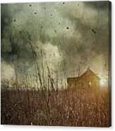Small Abandoned Farm House With Storm Clouds In Field Canvas Print