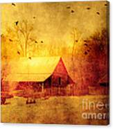 Surreal Red Yellow Barn With Ravens Landscape Canvas Print