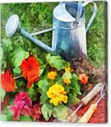 Zinnias And Watering Can Canvas Print