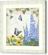 Le Petit Jardin 1 - Garden Floral W Butterflies, Dragonflies, Daisies And Delphinium Canvas Print