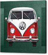 Volkswagen Type 2 - Red And White Volkswagen T 1 Samba Bus Over Green Canvas Canvas Print