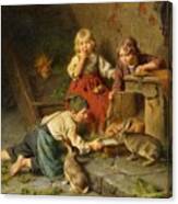 Three Children Feeding Rabbits #2 Canvas Print