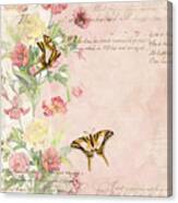 Fleurs De Pivoine - Watercolor W Butterflies In A French Vintage Wallpaper Style #3 Canvas Print