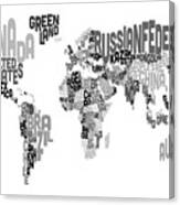 Text Map Of The World #3 Canvas Print