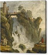 An Artist Sketching With Other Figures Beneath A Waterfall Canvas Print