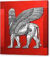 Assyrian Winged Lion - Silver Lamassu Over Red Canvas Canvas Print