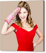 Blond Pinup Woman Saluting In Cooking Glove Canvas Print