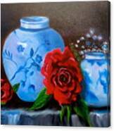 Blue And White Pottery And Red Roses Canvas Print