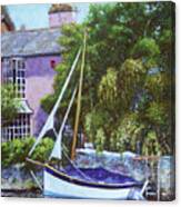 Boat With Pink House On River Canvas Print