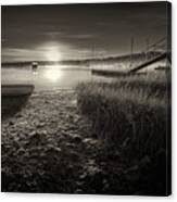 Boats On The Cove At Sunrise In The Fog - Black And White Photograph Canvas Print