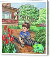 Boy In The Garden Helping Parents Canvas Print