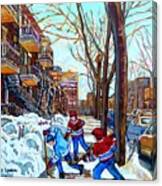 Canadian Art Street Hockey Game Verdun Montreal Memories Winter City Scene Paintings Carole Spandau Canvas Print