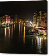 Canal In Venice By Night, In Italy, View From The Rialto Bridge Canvas Print