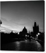 Charles Bridge At Sunrise, Prague, Czech Republic. Statues, Medieval Towers In Black And White Canvas Print