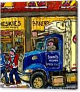 Cheskie's Kosher Bakery On Bernard Hockey Game Near Streit's Truck Montreal Winter Snow Scene Canvas Print