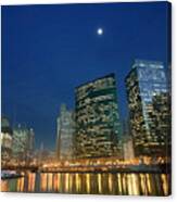 Chicago River With Skyline And Moon Canvas Print