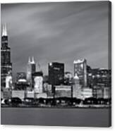 Chicago Skyline At Night Black And White Canvas Print