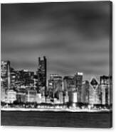 Chicago Skyline At Night Black And White Canvas Print