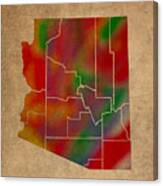 Counties Of Arizona Colorful Vibrant Watercolor State Map On Old Canvas Canvas Print