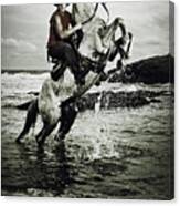 Cowboy On The Rear Up Horse In The River Canvas Print