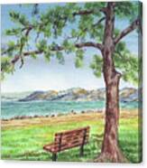 Cozy Bench Under The Tree Watercolor Landscape Canvas Print