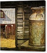 Creamery Milk Cans With Window View Of An Old Red Barn Canvas Print