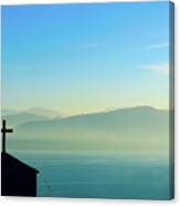 Cross And Foggy Moutains In Greece Canvas Print