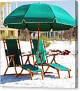 Destin Florida Empty Beach Chair Pair And Green Umbrella Vertical Canvas Print