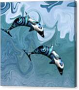 Psychedelic Dolphins Surfing In The Waves Canvas Print