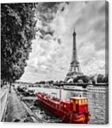 Eiffel Tower Over Seine River In Paris, France. Vintage Canvas Print