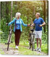 Elderly Marriage With Bicycles Holding Hands Canvas Print
