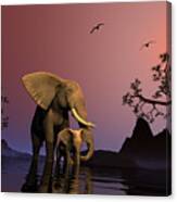 Elephants At The Water Hole Canvas Print