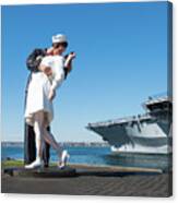 Embracing Peace Sculpture And Uss Midway Aircraft Carrier Canvas Print