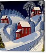 Fenced Roads - Folk Art Winter Landscape Canvas Print