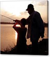 Fishing At Sunset Grandfather And Grandson Canvas Print