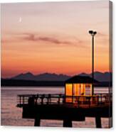 Fishing Pier On Elliott Bay With Moon And Olympic Mountains Canvas Print