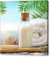Fluffy Towels With Sea Salt And Seashells On Beach Table Canvas Print