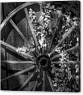 Foliage Overgrown Wagon Wheel In Black And White Canvas Print