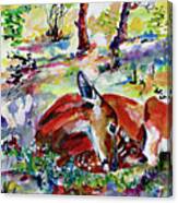 Forest Doe And Fawn Whimsical Watercolor Canvas Print