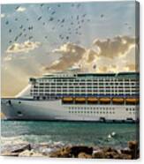 Front Of Luxury Cruise Ship Moored Beyond Rocks Canvas Print