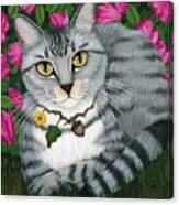 Garden Cat - Silver Tabby Cat Azaleas Canvas Print