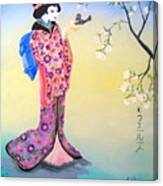 Geisha With Bird Canvas Print