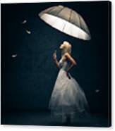 Girl With Umbrella And Falling Feathers Canvas Print