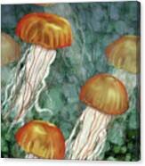 Golden Jellyfish In Green Sea Canvas Print