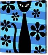 Groovy Flowers With Cat Blue And Light Blue Canvas Print