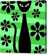 Groovy Flowers With Cat Green And Light Green Canvas Print